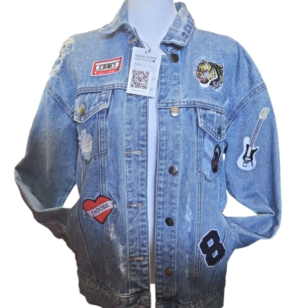 Hand Crafted Upcycled Rock Music Jean Jacket Vintage Embordery Patchwork Size S - Picture 4 of 17